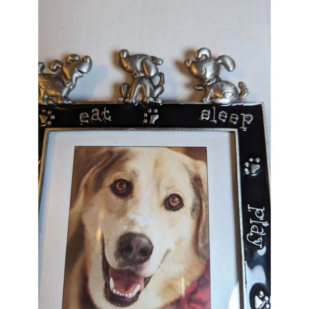 Pewter & black enamel 2D cartoon dog toper 4x6 photo size frame vertical Kohls‎